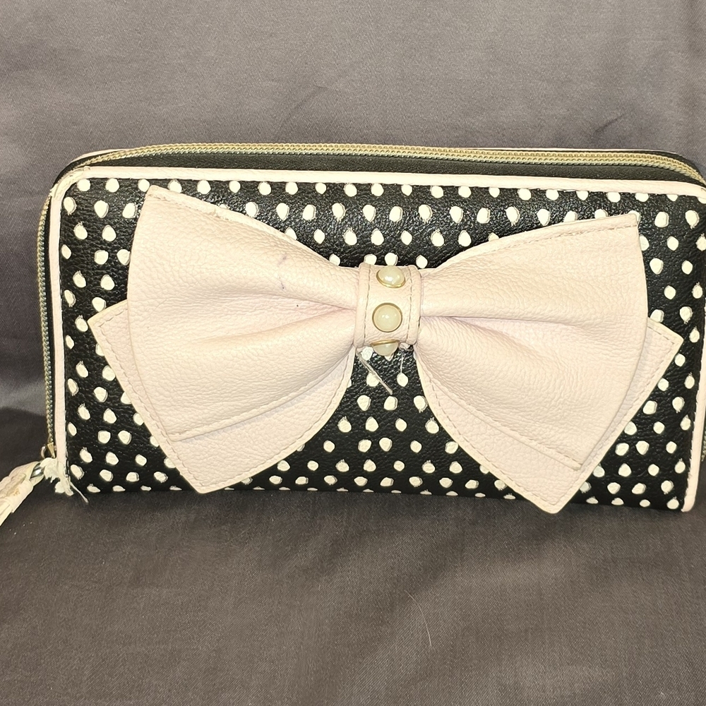 Betsey Johnson Black and Pink Polka Dot Bow Wallet